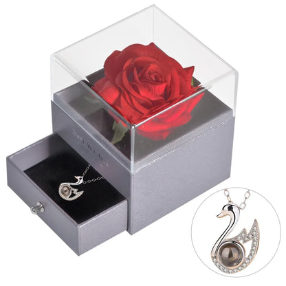 Timeless Love: Eternal Rose Jewelry Box with 100 Languages I Love You Necklace - Perfect Gift for Valentine's Day, Weddings, and Anniversaries
