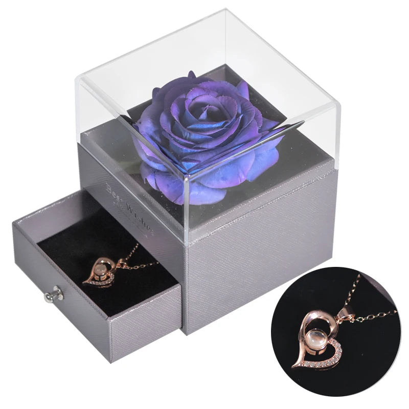 Timeless Love: Eternal Rose Jewelry Box with 100 Languages I Love You Necklace - Perfect Gift for Valentine's Day, Weddings, and Anniversaries