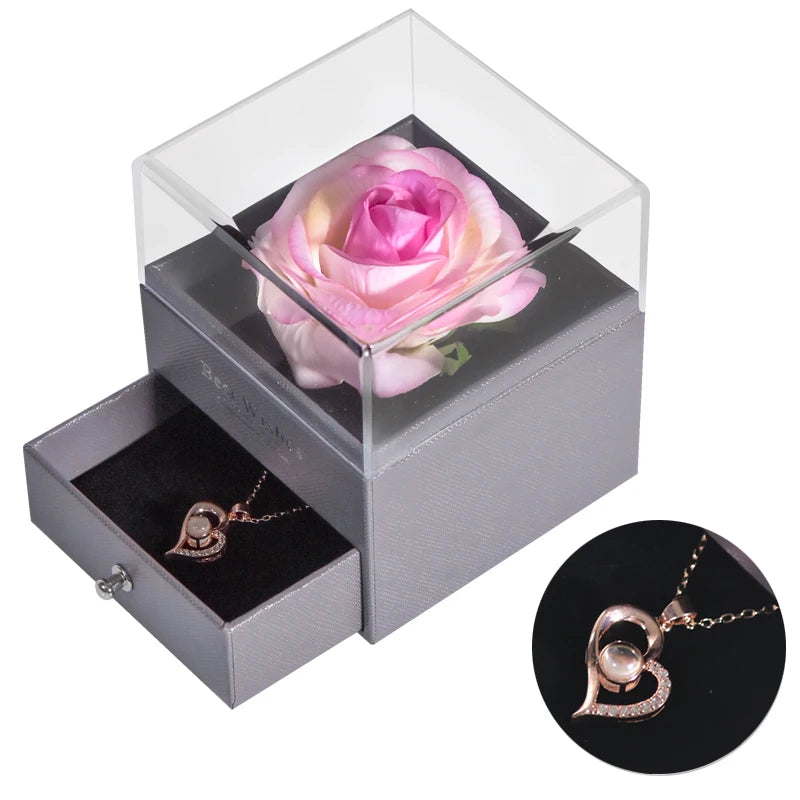 Timeless Love: Eternal Rose Jewelry Box with 100 Languages I Love You Necklace - Perfect Gift for Valentine's Day, Weddings, and Anniversaries
