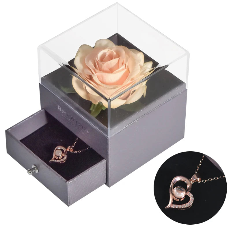 Timeless Love: Eternal Rose Jewelry Box with 100 Languages I Love You Necklace - Perfect Gift for Valentine's Day, Weddings, and Anniversaries