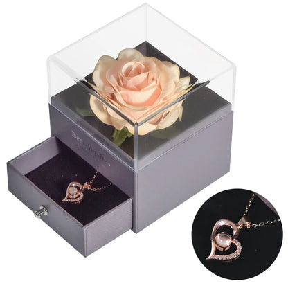 Timeless Love: Eternal Rose Jewelry Box with 100 Languages I Love You Necklace - Perfect Gift for Valentine's Day, Weddings, and Anniversaries