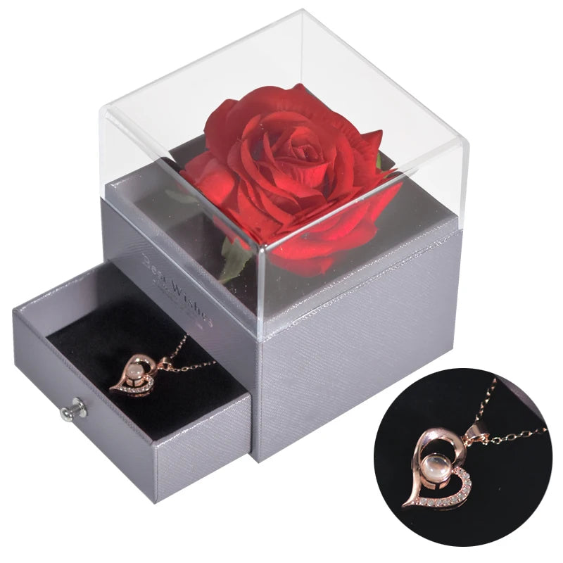 Timeless Love: Eternal Rose Jewelry Box with 100 Languages I Love You Necklace - Perfect Gift for Valentine's Day, Weddings, and Anniversaries
