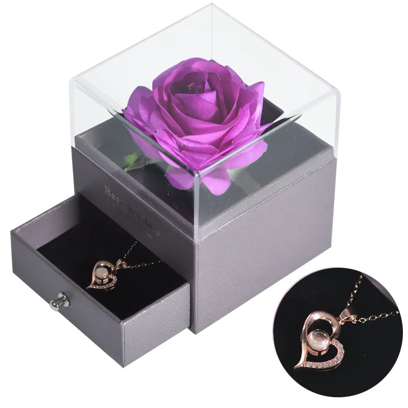 Timeless Love: Eternal Rose Jewelry Box with 100 Languages I Love You Necklace - Perfect Gift for Valentine's Day, Weddings, and Anniversaries