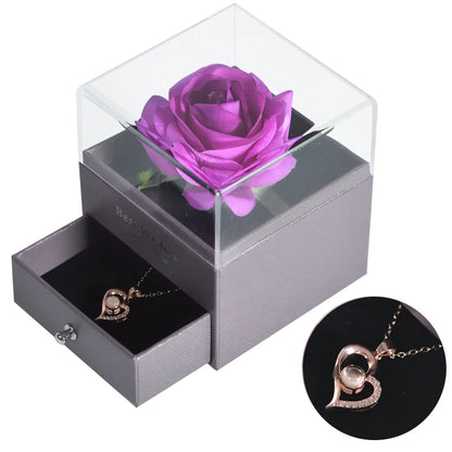 Timeless Love: Eternal Rose Jewelry Box with 100 Languages I Love You Necklace - Perfect Gift for Valentine's Day, Weddings, and Anniversaries