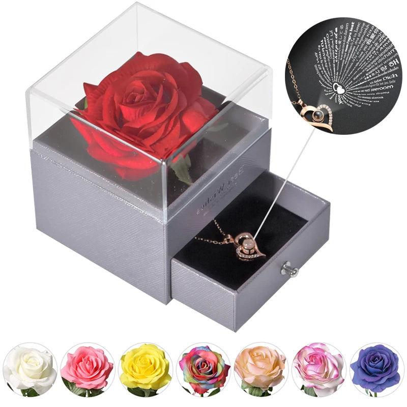 Timeless Love: Eternal Rose Jewelry Box with 100 Languages I Love You Necklace - Perfect Gift for Valentine's Day, Weddings, and Anniversaries