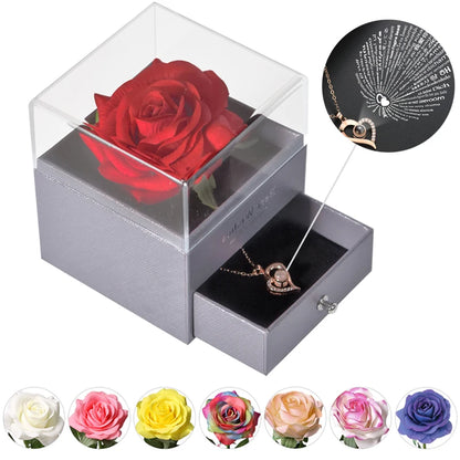 Timeless Love: Eternal Rose Jewelry Box with 100 Languages I Love You Necklace - Perfect Gift for Valentine's Day, Weddings, and Anniversaries