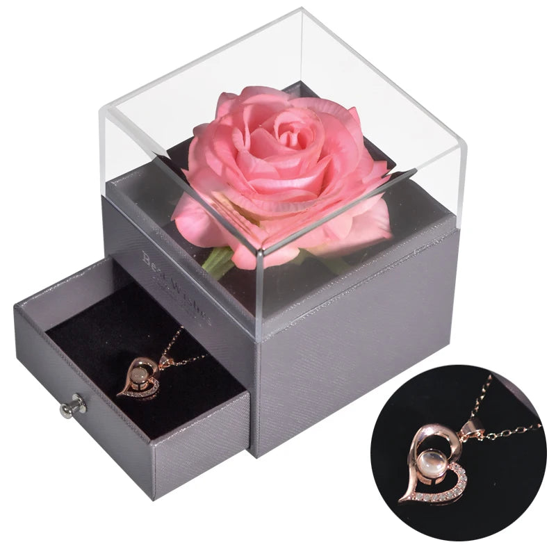 Timeless Love: Eternal Rose Jewelry Box with 100 Languages I Love You Necklace - Perfect Gift for Valentine's Day, Weddings, and Anniversaries