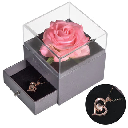 Timeless Love: Eternal Rose Jewelry Box with 100 Languages I Love You Necklace - Perfect Gift for Valentine's Day, Weddings, and Anniversaries
