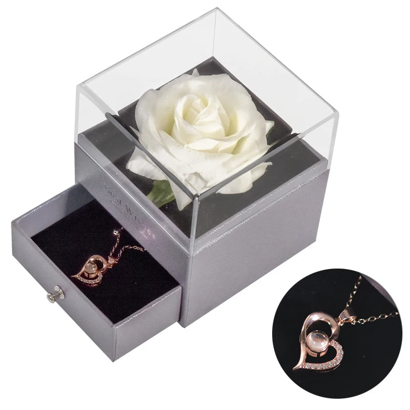 Timeless Love: Eternal Rose Jewelry Box with 100 Languages I Love You Necklace - Perfect Gift for Valentine's Day, Weddings, and Anniversaries