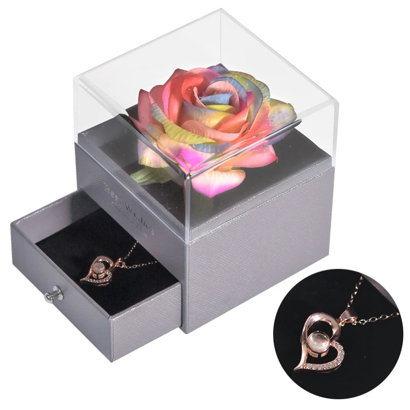 Timeless Love: Eternal Rose Jewelry Box with 100 Languages I Love You Necklace - Perfect Gift for Valentine's Day, Weddings, and Anniversaries