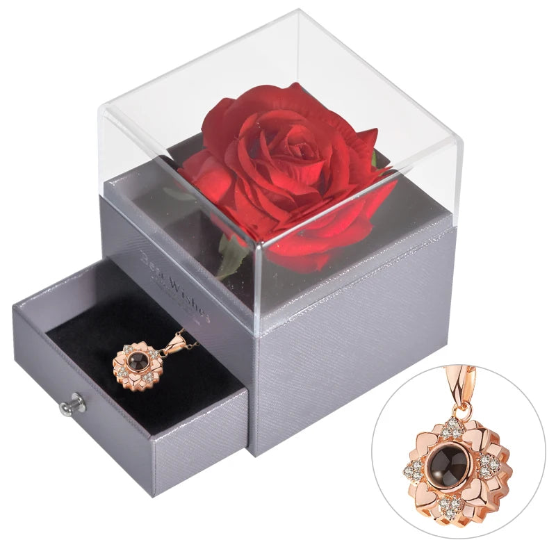 Timeless Love: Eternal Rose Jewelry Box with 100 Languages I Love You Necklace - Perfect Gift for Valentine's Day, Weddings, and Anniversaries