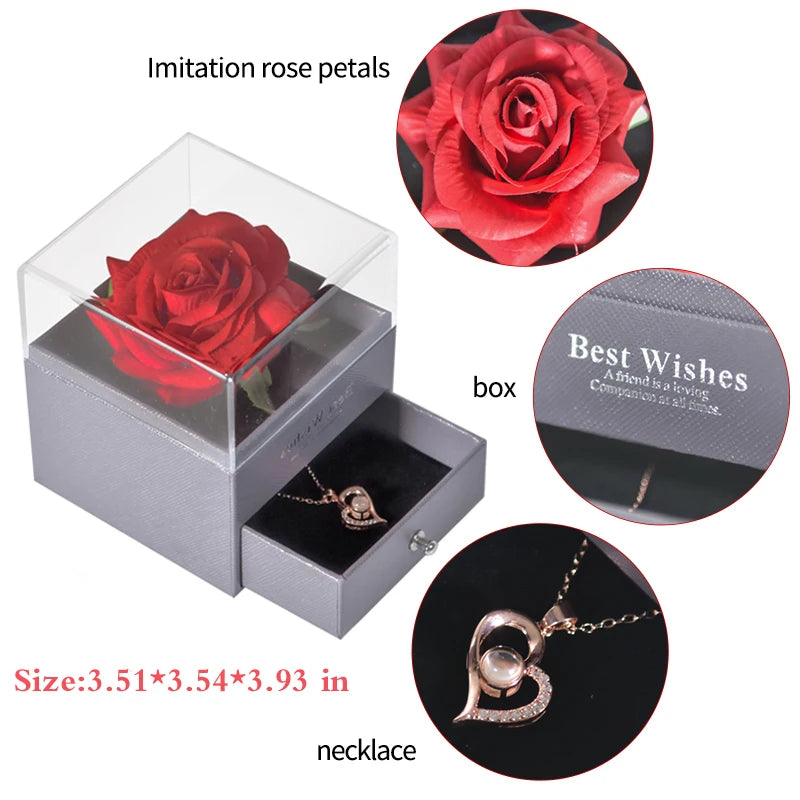 Timeless Love: Eternal Rose Jewelry Box with 100 Languages I Love You Necklace - Perfect Gift for Valentine's Day, Weddings, and Anniversaries